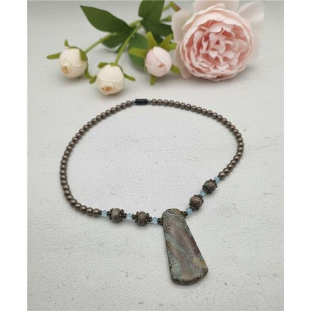 Natural Jasper Pendant Necklace Hematite Boho Statement Blue Crystal 18 inch